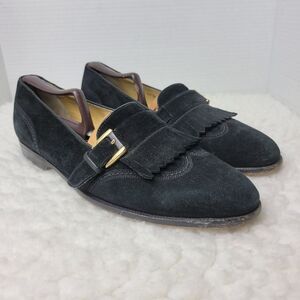 Cole Haan Men's Penny Loafer Shoes Size 9.5 Black Suede Fringe Gold Buckle